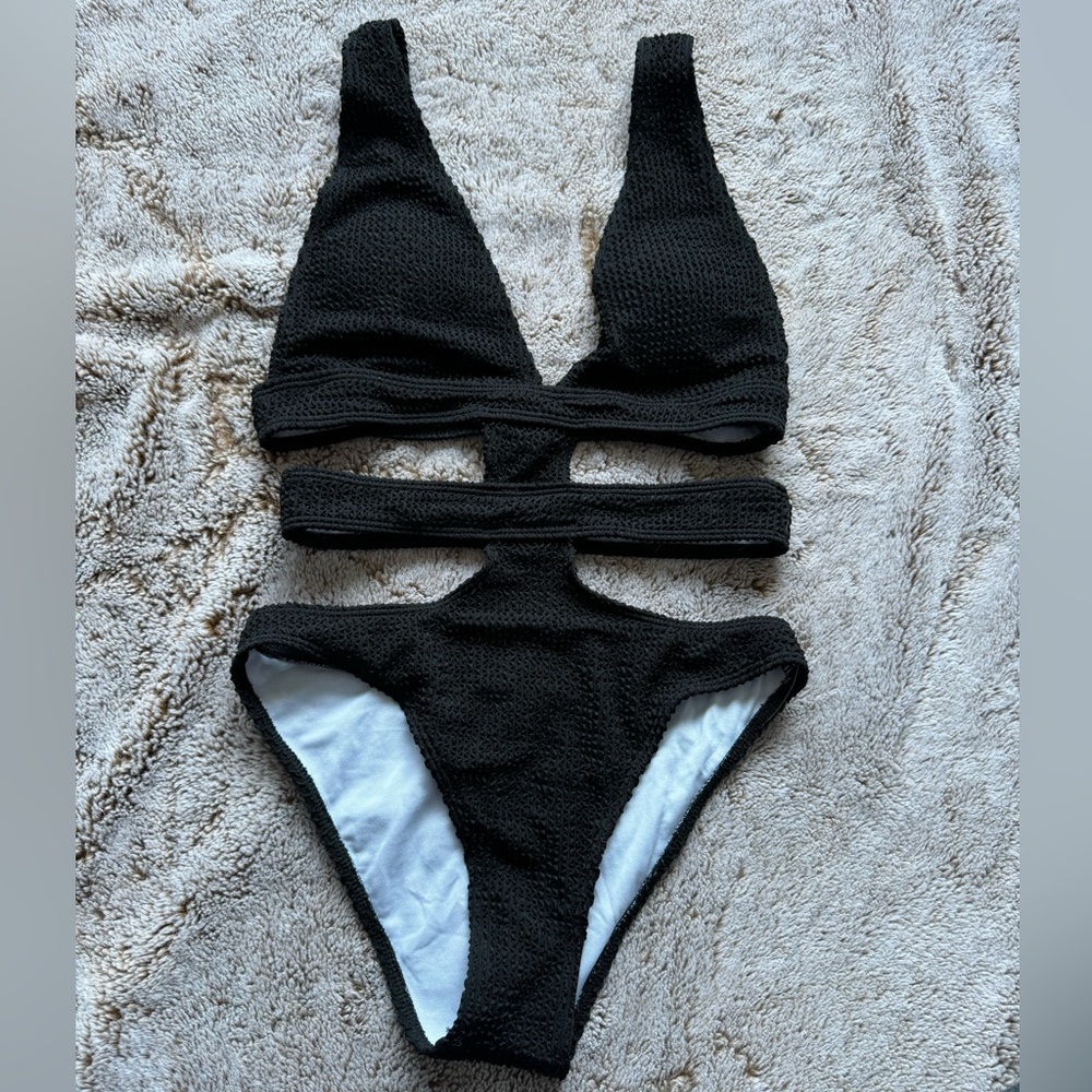 Black Textured Cutout Swimsuit